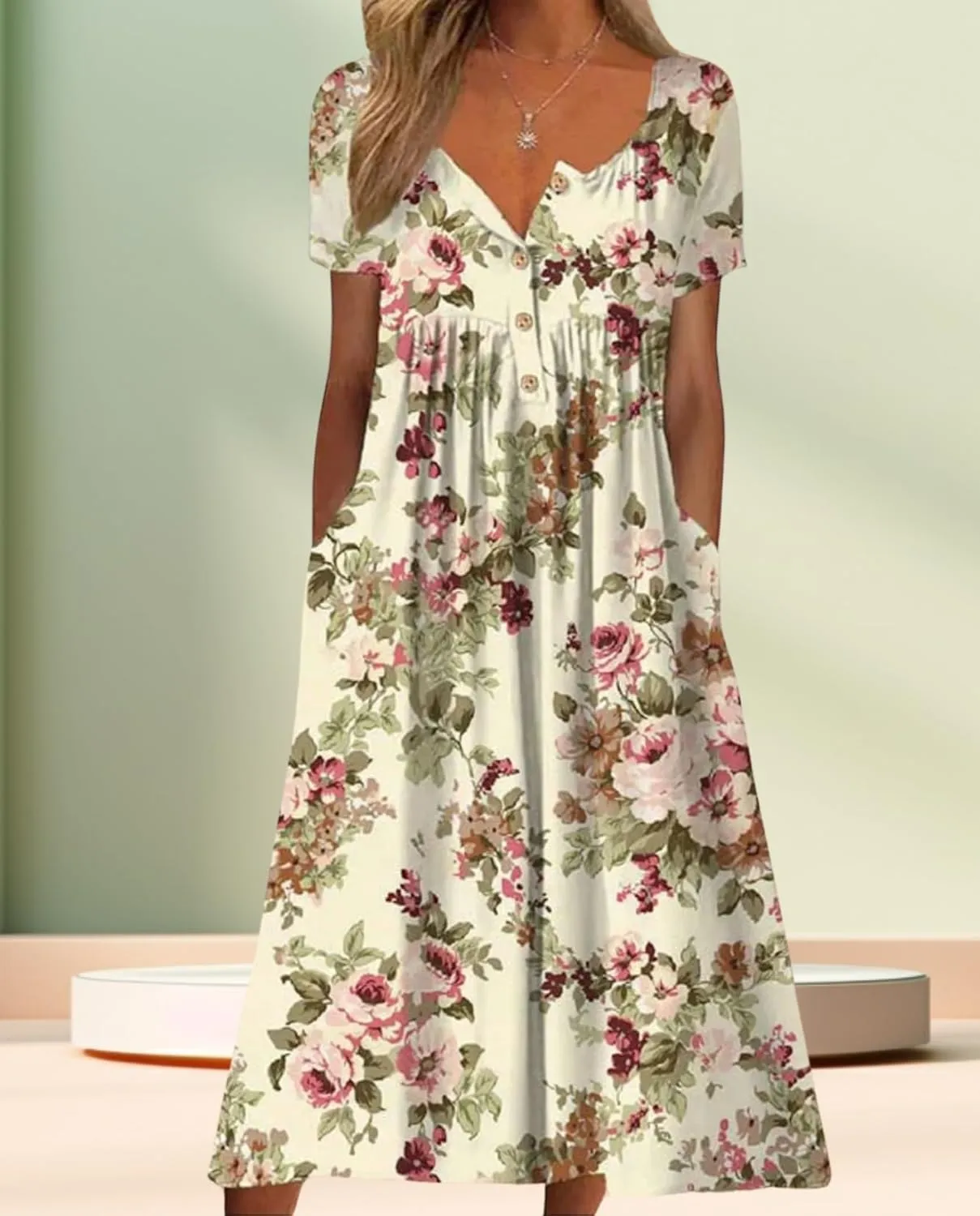 Women's Bohemian Casual Maxi Dress Summer Basic Loose Fit V-Neck Short Sleeve Long Dresses for Beach Vacation
