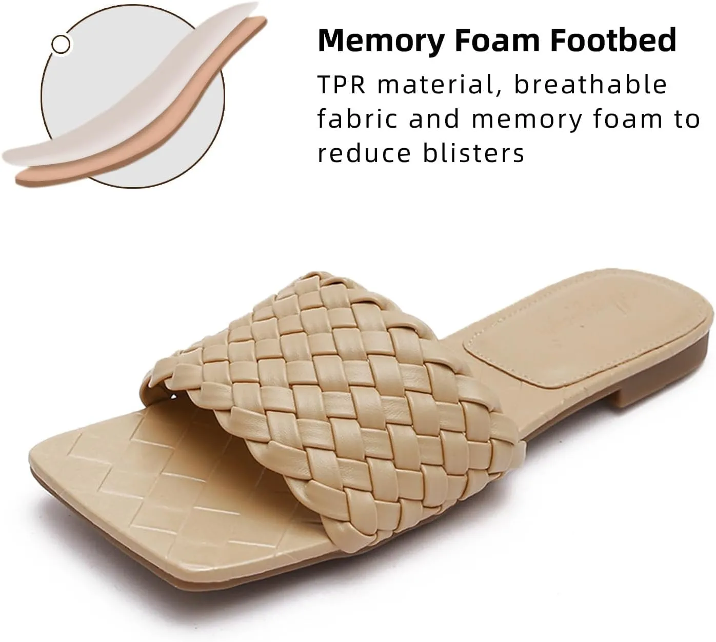 Women's Braided Square Open Toe Flat Slide Sandals Fashion Wide Straps Slip on Low heel Soft Sole Summer Dressy Slippers for Walking Party Work Beach