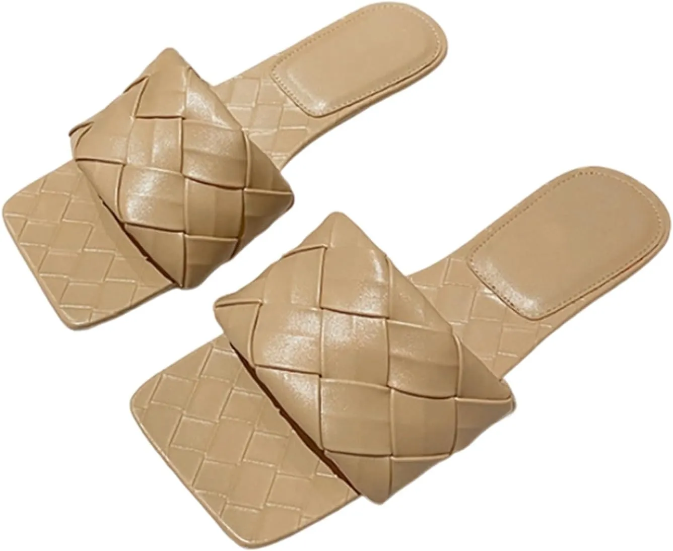 Women's Braided Square Open Toe Flat Slide Sandals Fashion Wide Straps Slip on Low heel Soft Sole Summer Dressy Slippers for Walking Party Work Beach