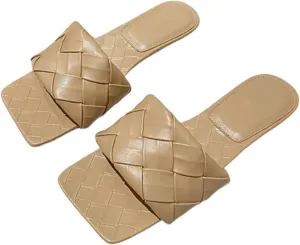 Women's Braided Square Open Toe Flat Slide Sandals Fashion Wide Straps Slip on Low heel Soft Sole Summer Dressy Slippers for Walking Party Work Beach