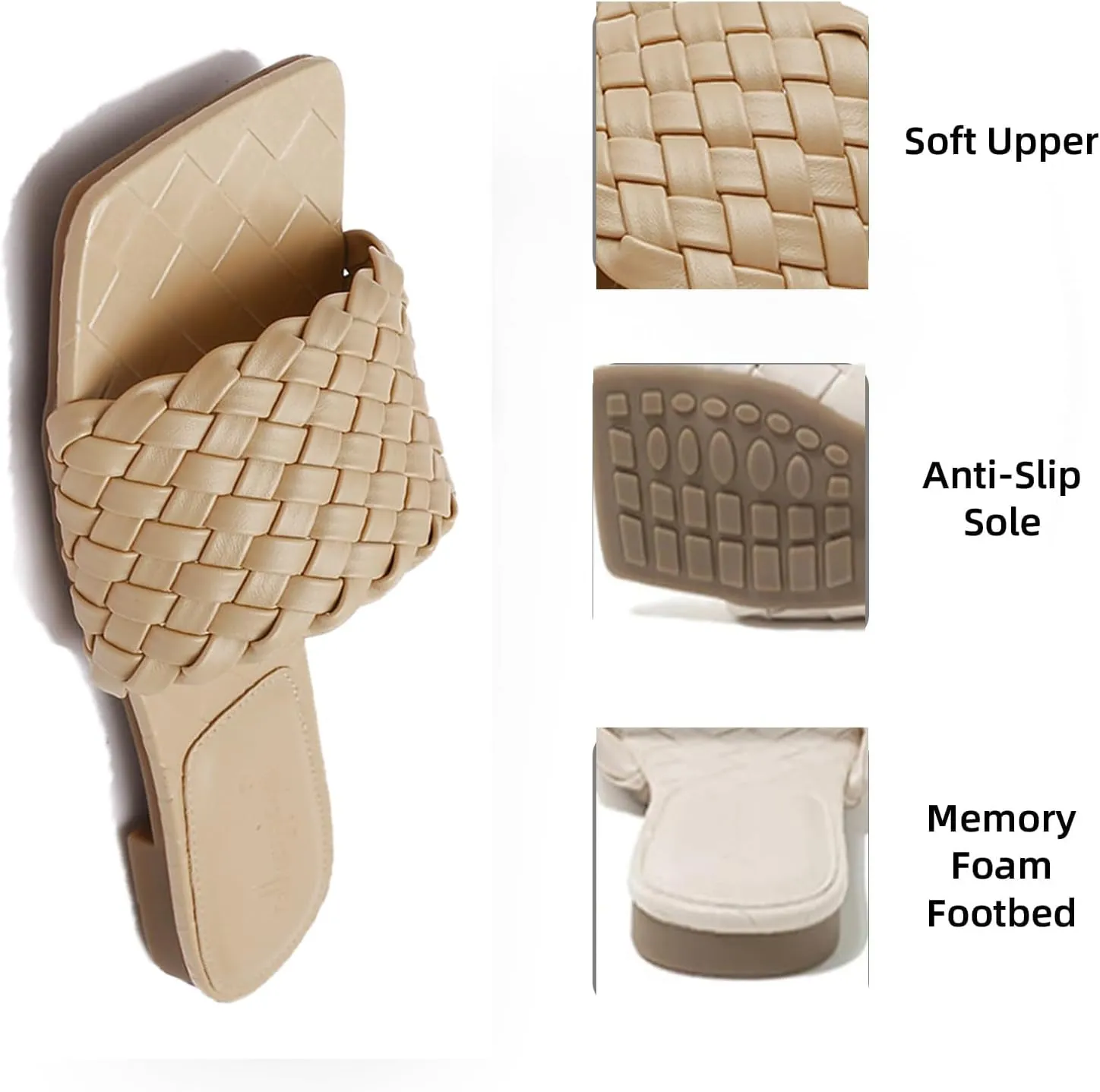 Women's Braided Square Open Toe Flat Slide Sandals Fashion Wide Straps Slip on Low heel Soft Sole Summer Dressy Slippers for Walking Party Work Beach