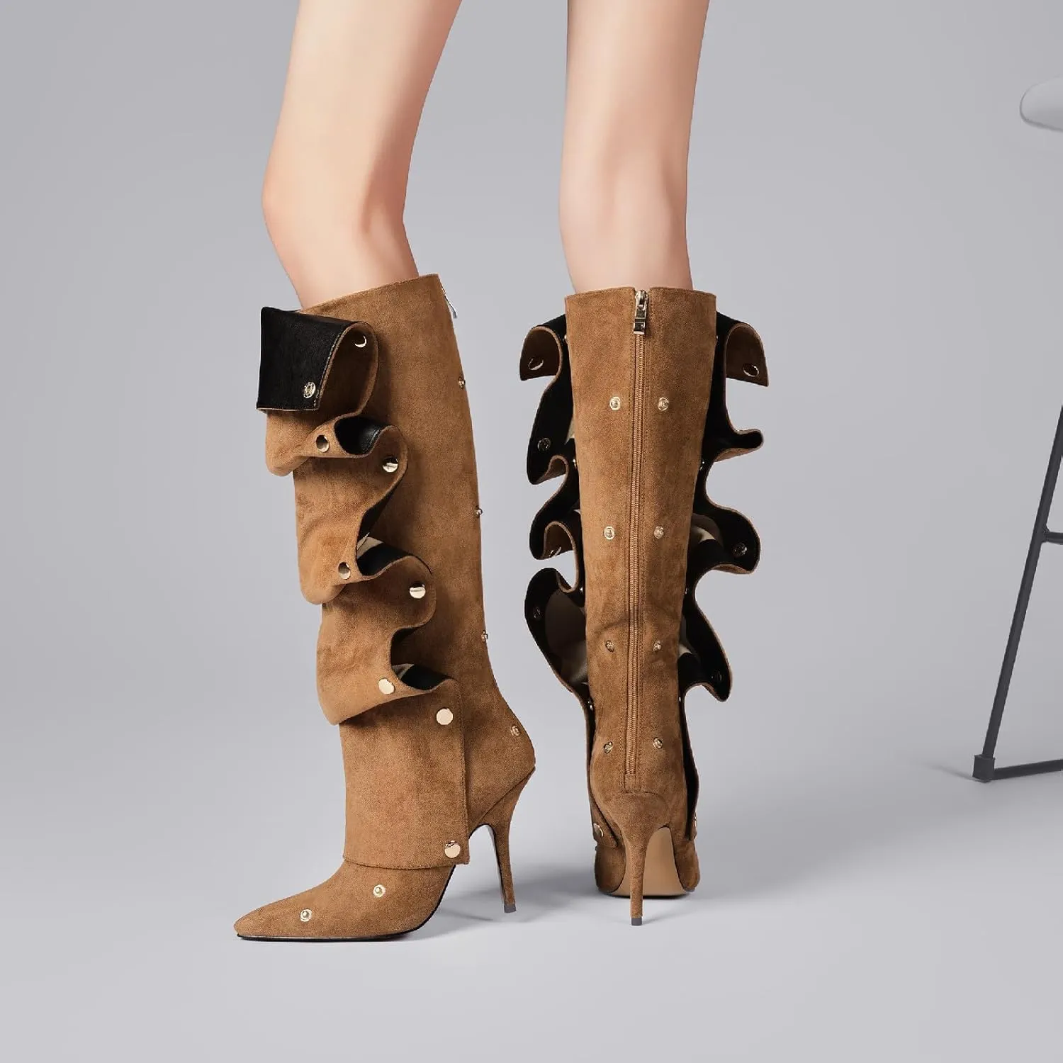 Women's Brown Suede Pointed Toe Fold Over Knee High Shark Cowboy Boots Stiletto Cowgirl High Heel Boots with Zipper Studded Pleated Boots
