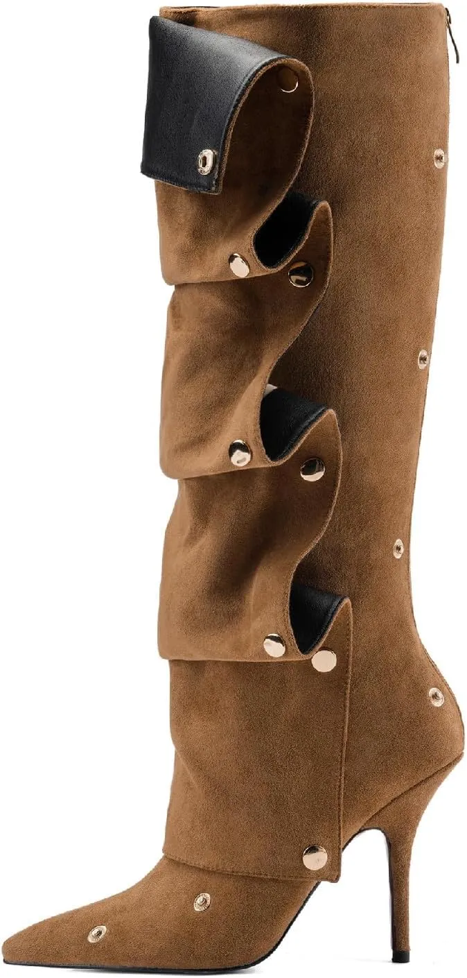 Women's Brown Suede Pointed Toe Fold Over Knee High Shark Cowboy Boots Stiletto Cowgirl High Heel Boots with Zipper Studded Pleated Boots