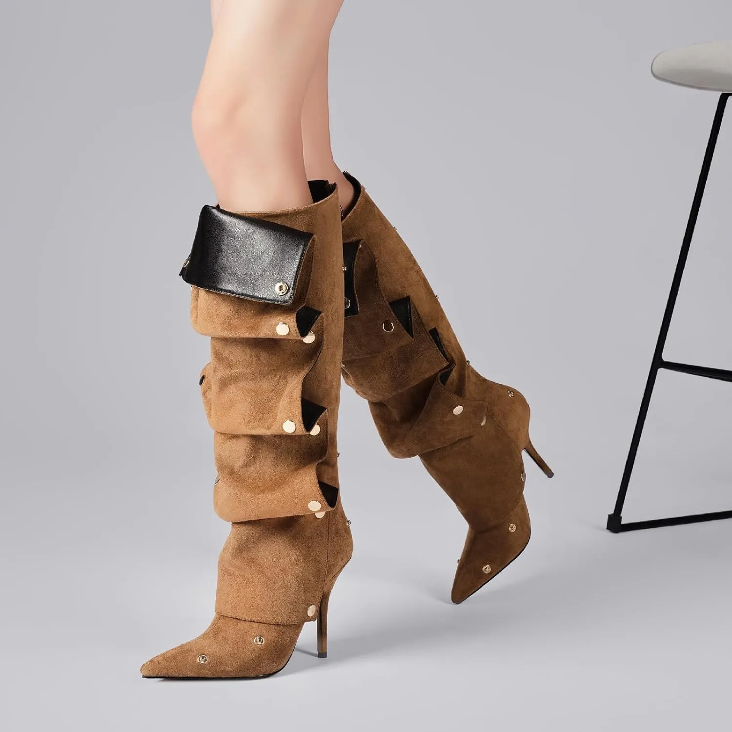 Women's Brown Suede Pointed Toe Fold Over Knee High Shark Cowboy Boots Stiletto Cowgirl High Heel Boots with Zipper Studded Pleated Boots