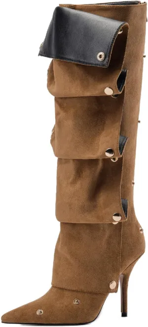 Women's Brown Suede Pointed Toe Fold Over Knee High Shark Cowboy Boots Stiletto Cowgirl High Heel Boots with Zipper Studded Pleated Boots