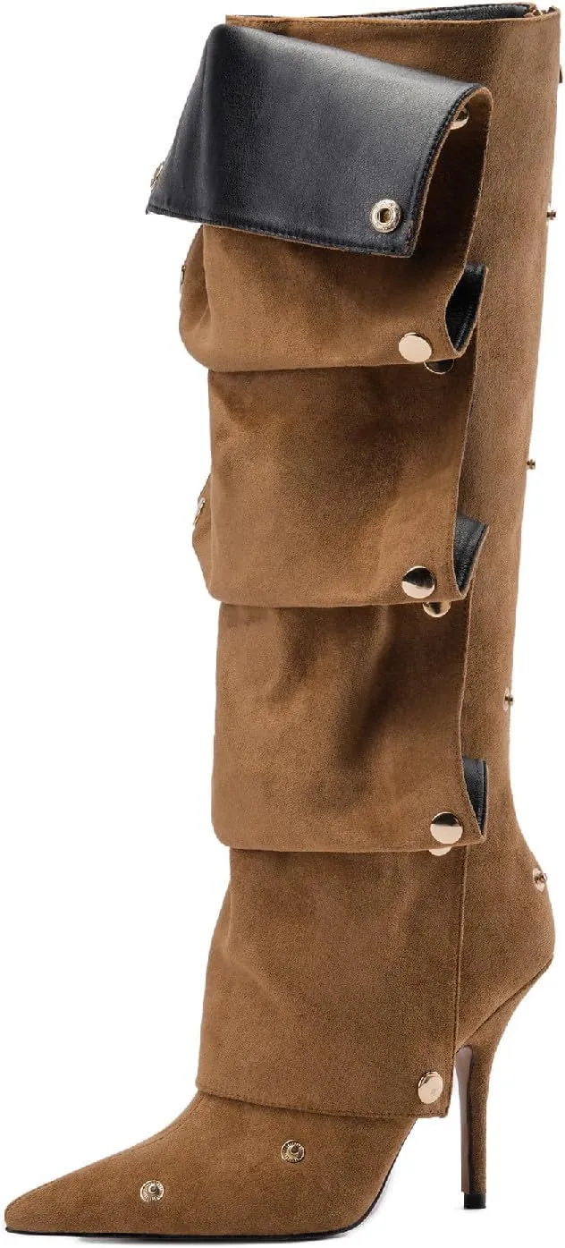 Women's Brown Suede Pointed Toe Fold Over Knee High Shark Cowboy Boots Stiletto Cowgirl High Heel Boots with Zipper Studded Pleated Boots