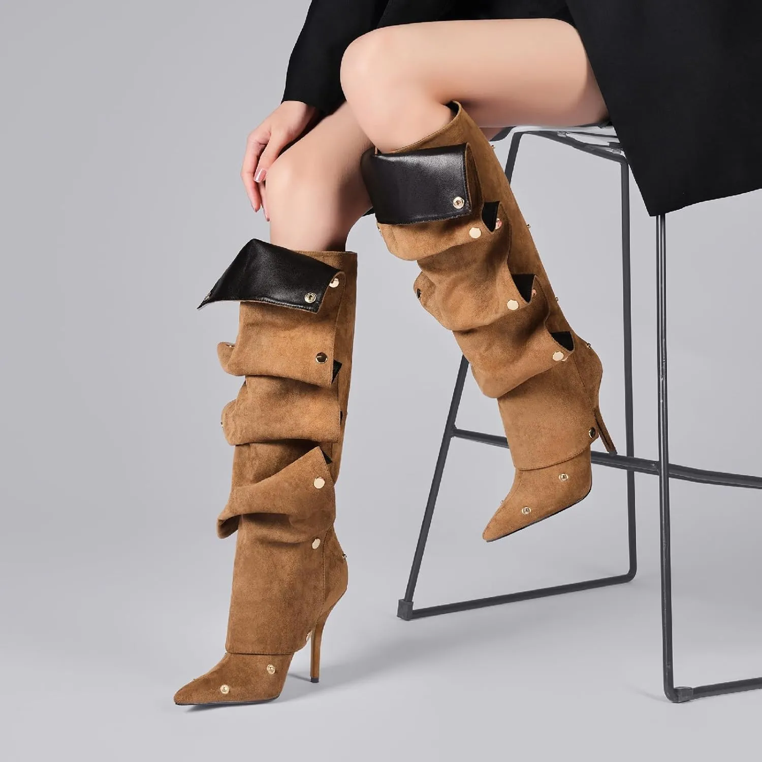Women's Brown Suede Pointed Toe Fold Over Knee High Shark Cowboy Boots Stiletto Cowgirl High Heel Boots with Zipper Studded Pleated Boots