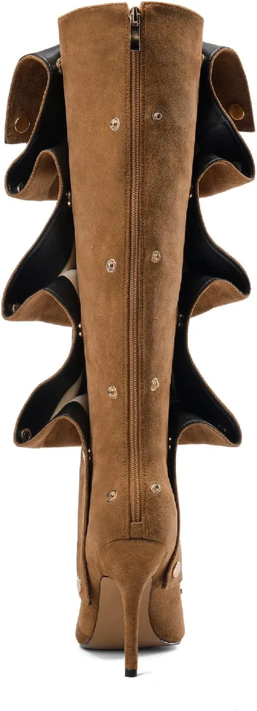 Women's Brown Suede Pointed Toe Fold Over Knee High Shark Cowboy Boots Stiletto Cowgirl High Heel Boots with Zipper Studded Pleated Boots