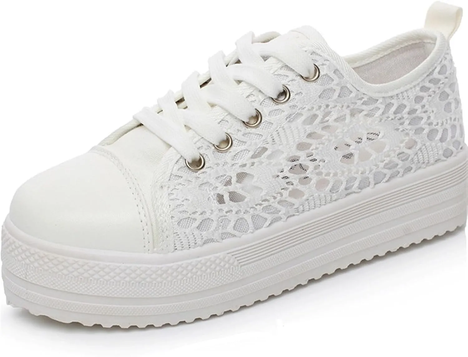 Women's Canvas Lace Mesh Sneakers Summer Lace up Breathable Low Top Shoes Round Toe Anti-Slip Platform Sneakers