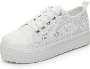 Women's Canvas Lace Mesh Sneakers Summer Lace up Breathable Low Top Shoes Round Toe Anti-Slip Platform Sneakers