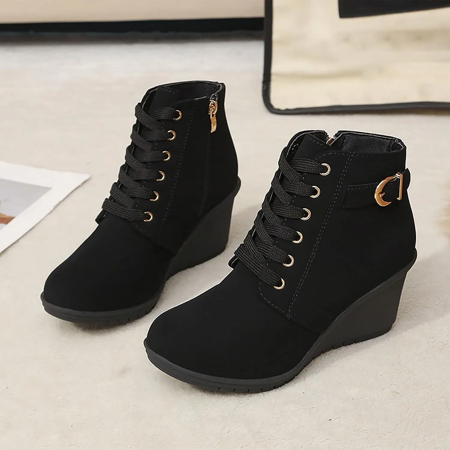 Womens Clasical Ankle Booties Lace-Up Zipper Breathable Lining Flat Ankle Combat Boots Crown Vintage Boots Shoes