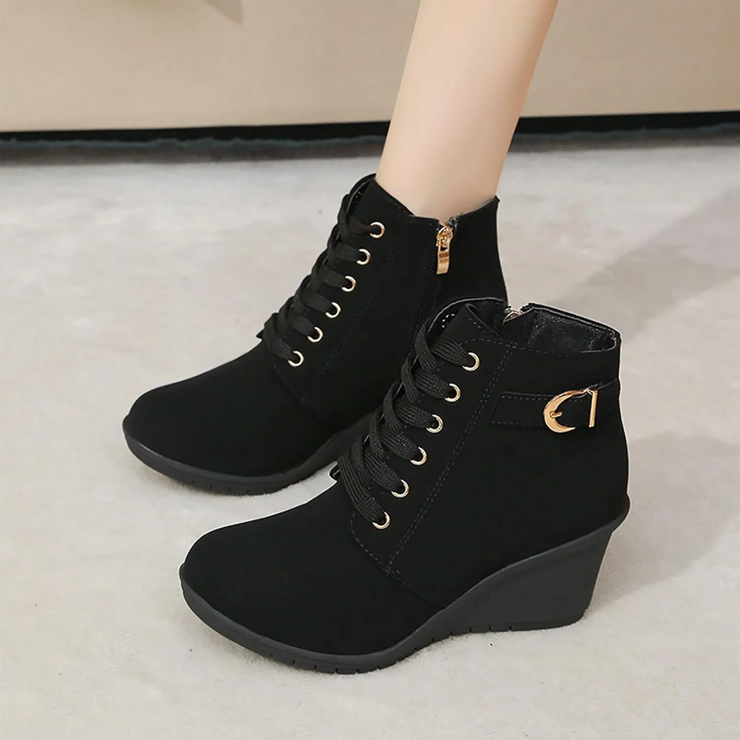 Womens Clasical Ankle Booties Lace-Up Zipper Breathable Lining Flat Ankle Combat Boots Crown Vintage Boots Shoes