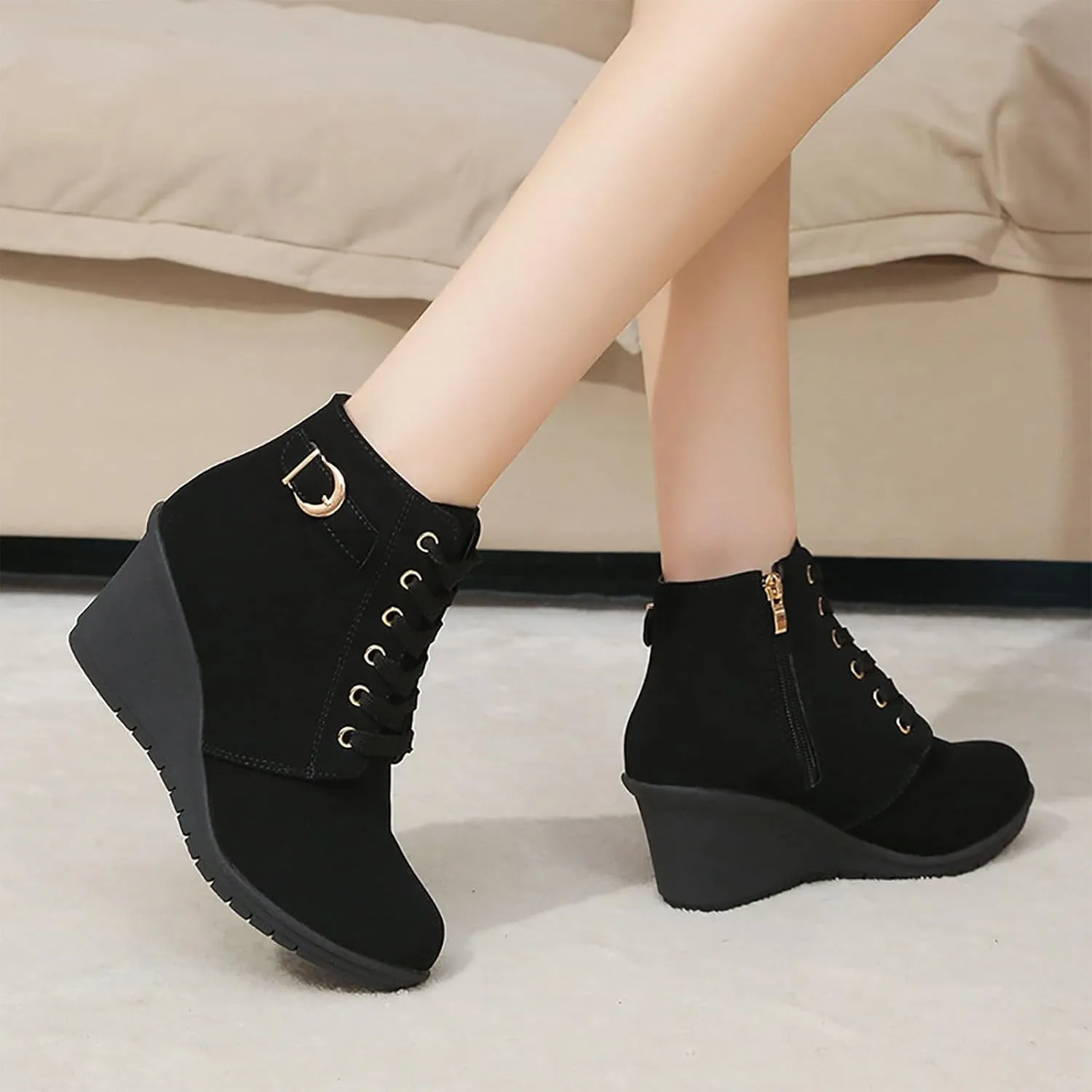 Womens Clasical Ankle Booties Lace-Up Zipper Breathable Lining Flat Ankle Combat Boots Crown Vintage Boots Shoes