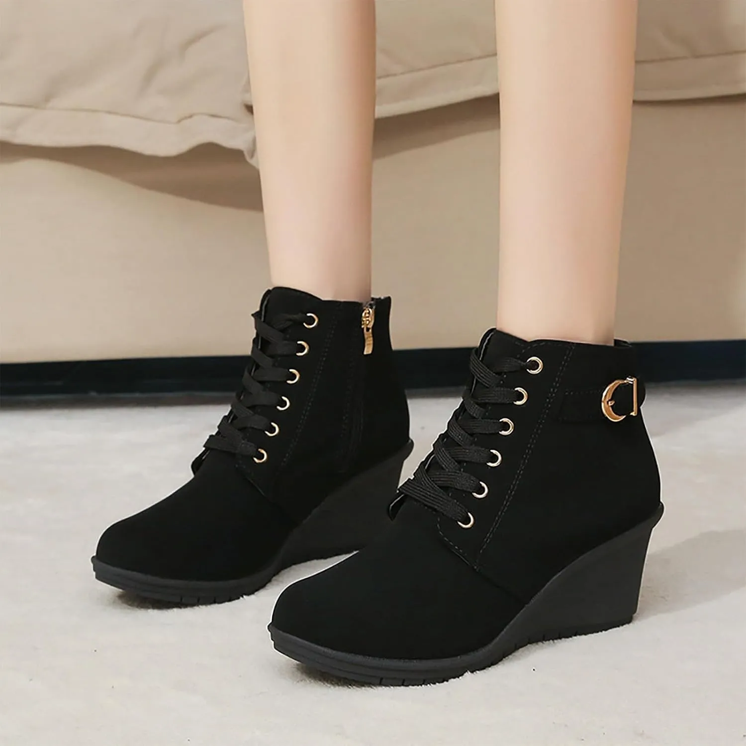 Womens Clasical Ankle Booties Lace-Up Zipper Breathable Lining Flat Ankle Combat Boots Crown Vintage Boots Shoes