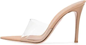 Women's Clear Pointed Open Toe Stiletto Heel Slide Sandals Slip On Transparent Strap High Heels Mules 4.72 Inches Summer Backless Party Wedding Prom Dress Shoes