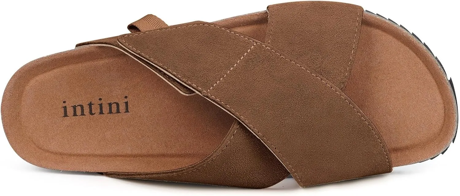 Womens Cork Footbed Slides Sandals Suede Leather Flat Sandals Cross Band Summer Slip on Open Toe Slippers Arch Support for Indoor Outdoor with Adjustable Straps