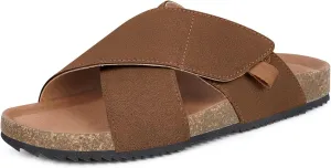Womens Cork Footbed Slides Sandals Suede Leather Flat Sandals Cross Band Summer Slip on Open Toe Slippers Arch Support for Indoor Outdoor with Adjustable Straps
