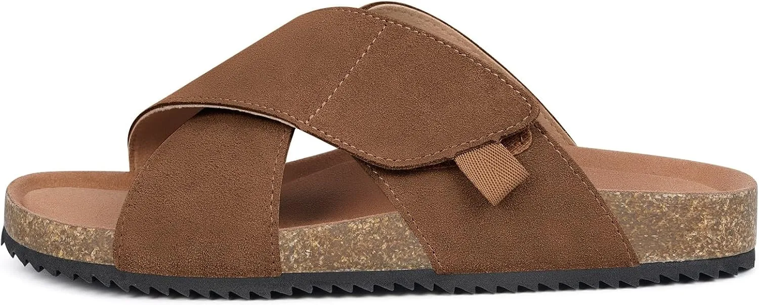 Womens Cork Footbed Slides Sandals Suede Leather Flat Sandals Cross Band Summer Slip on Open Toe Slippers Arch Support for Indoor Outdoor with Adjustable Straps