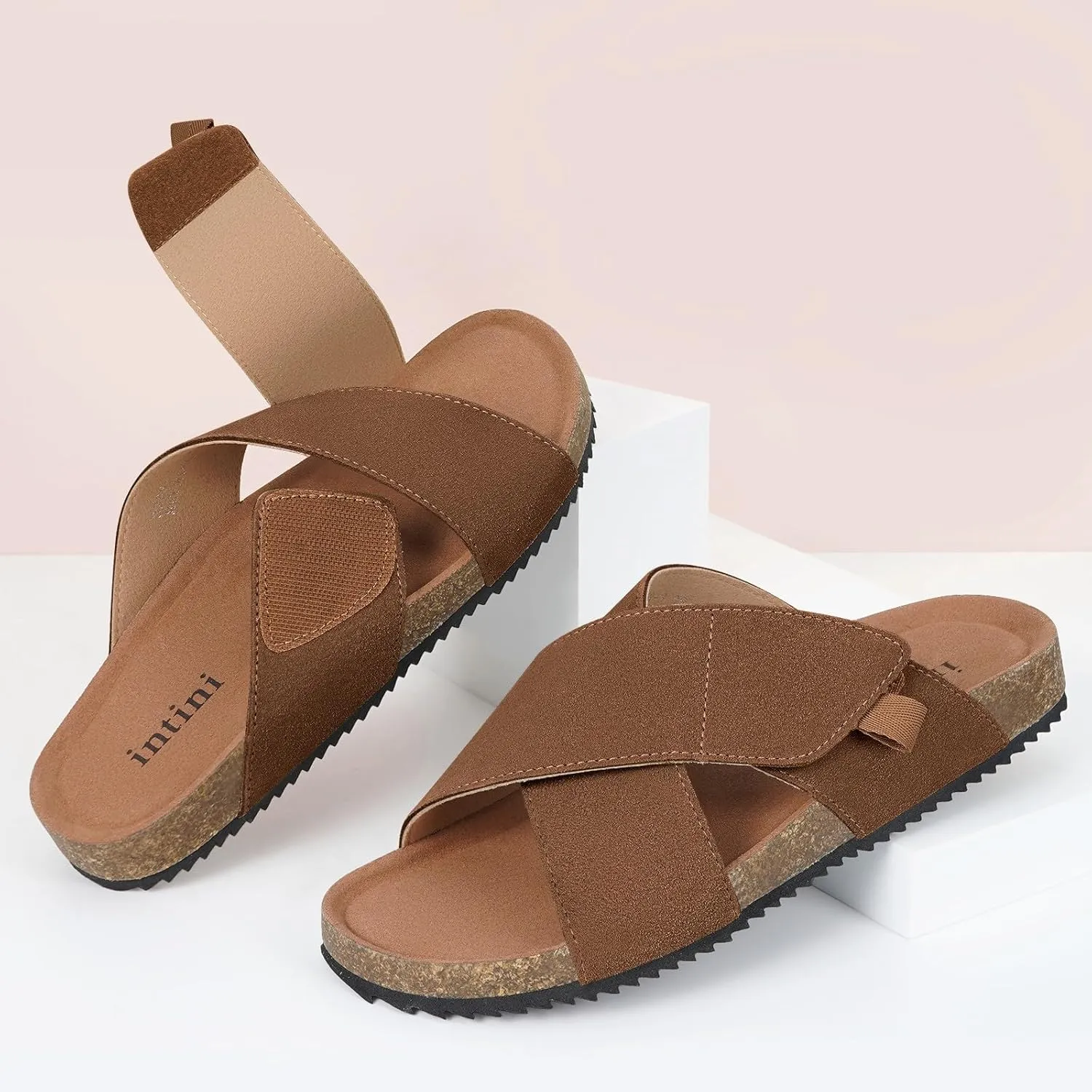Womens Cork Footbed Slides Sandals Suede Leather Flat Sandals Cross Band Summer Slip on Open Toe Slippers Arch Support for Indoor Outdoor with Adjustable Straps