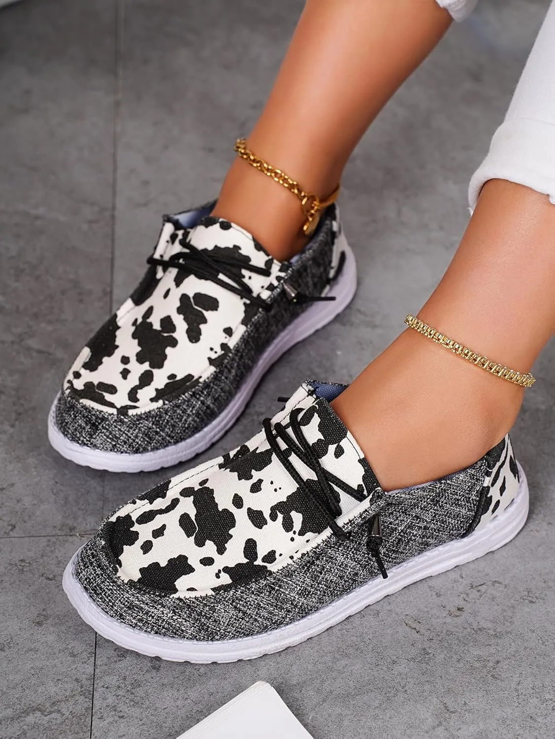 Women's Cow Print Lace-up Canvas Loafers Color Slip-on Orthopedic Ultralight Boat Shoes with Fasciitis Arch Support All-Season Available Daily Sneakers Travel and Sports