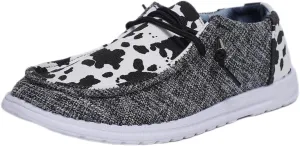 Women's Cow Print Lace-up Canvas Loafers Color Slip-on Orthopedic Ultralight Boat Shoes with Fasciitis Arch Support All-Season Available Daily Sneakers Travel and Sports