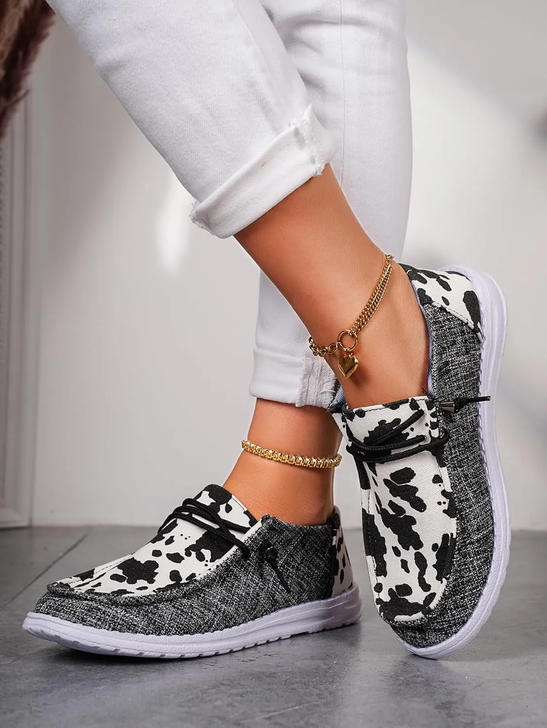 Women's Cow Print Lace-up Canvas Loafers Color Slip-on Orthopedic Ultralight Boat Shoes with Fasciitis Arch Support All-Season Available Daily Sneakers Travel and Sports