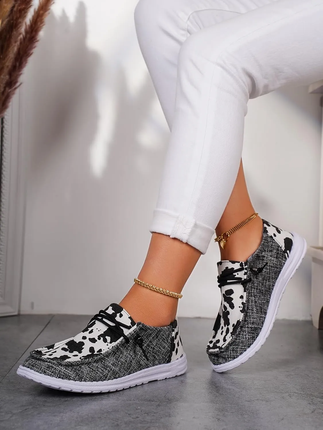 Women's Cow Print Lace-up Canvas Loafers Color Slip-on Orthopedic Ultralight Boat Shoes with Fasciitis Arch Support All-Season Available Daily Sneakers Travel and Sports