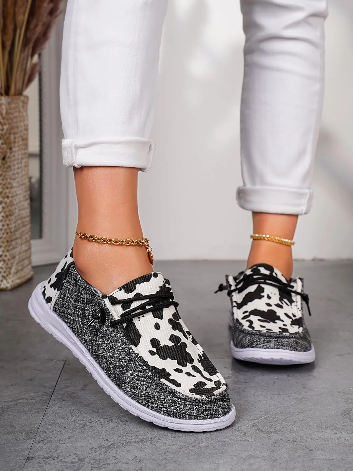 Women's Cow Print Lace-up Canvas Loafers Color Slip-on Orthopedic Ultralight Boat Shoes with Fasciitis Arch Support All-Season Available Daily Sneakers Travel and Sports
