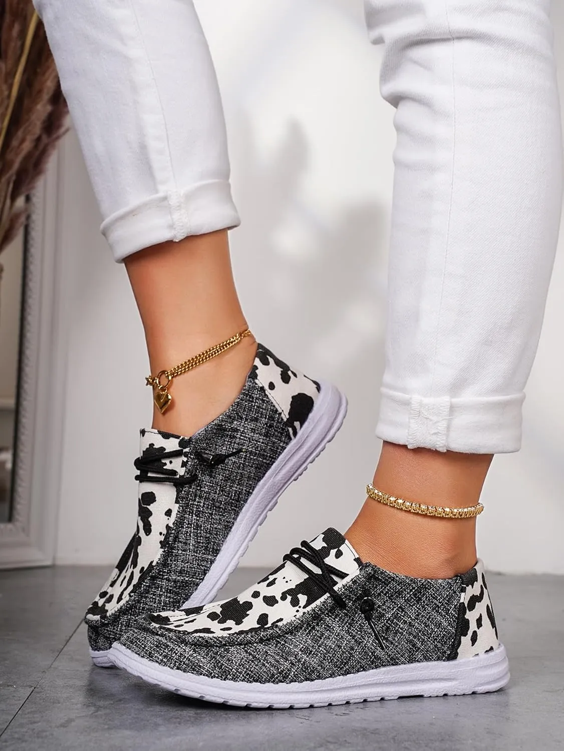 Women's Cow Print Lace-up Canvas Loafers Color Slip-on Orthopedic Ultralight Boat Shoes with Fasciitis Arch Support All-Season Available Daily Sneakers Travel and Sports