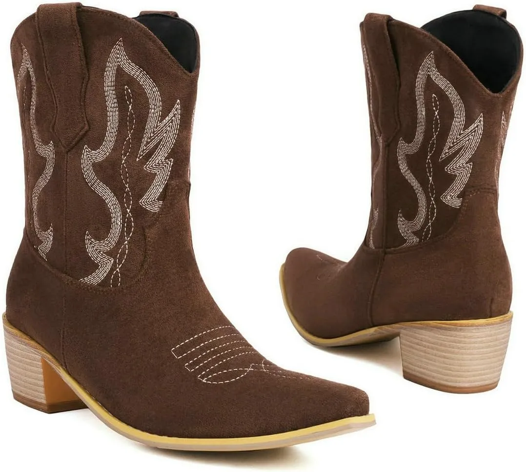 Womens Cowgirl Embroidered Western Cowboy Mid Calf Boots Suede Snip Toe Chunky Heel Ankle Booites