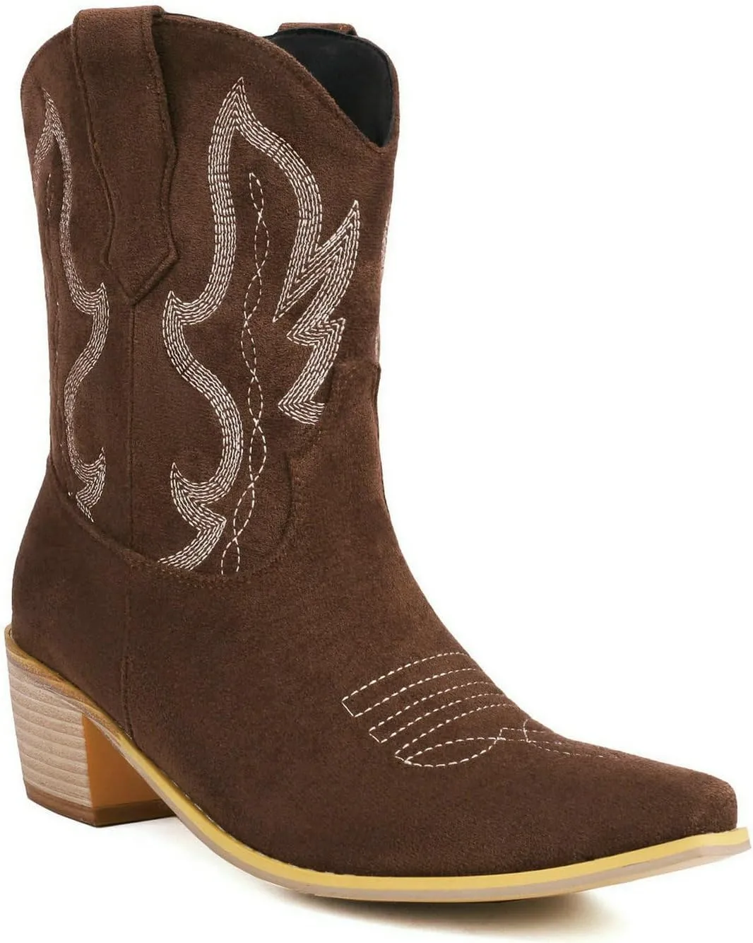 Womens Cowgirl Embroidered Western Cowboy Mid Calf Boots Suede Snip Toe Chunky Heel Ankle Booites
