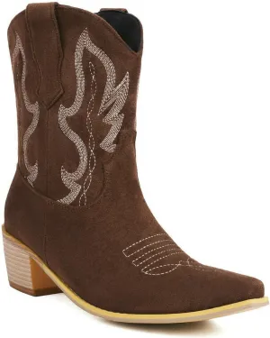 Womens Cowgirl Embroidered Western Cowboy Mid Calf Boots Suede Snip Toe Chunky Heel Ankle Booites