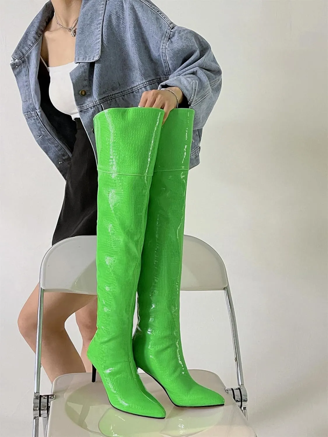 Women's Crocodile Over Knee High Booties High Stiletto Heeled Pointed Toe Back Zipper Formal Elegant Concise Business Bridal Wide Calf Church Boots Warm Winter Fall Comfy Shoes