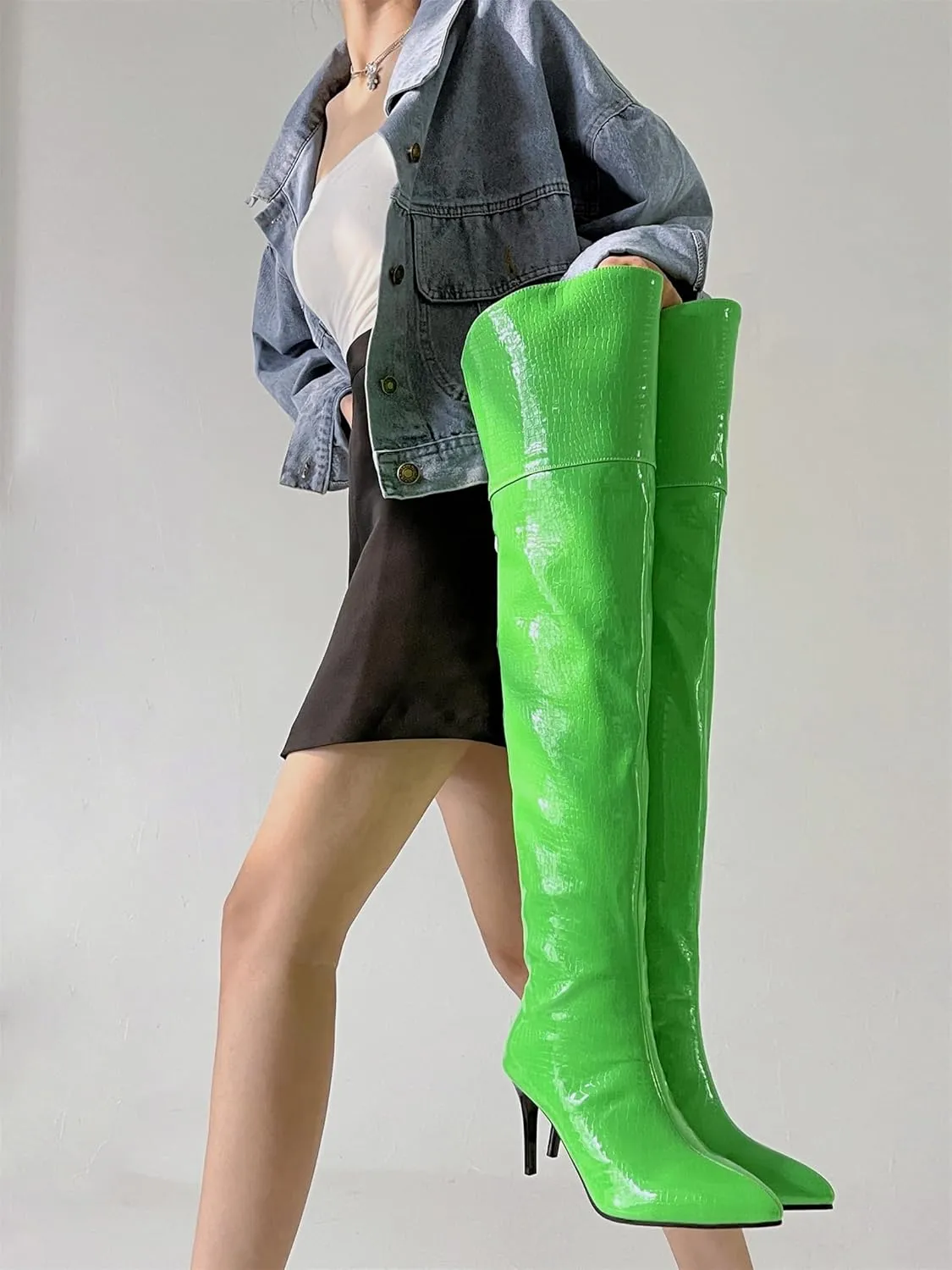 Women's Crocodile Over Knee High Booties High Stiletto Heeled Pointed Toe Back Zipper Formal Elegant Concise Business Bridal Wide Calf Church Boots Warm Winter Fall Comfy Shoes