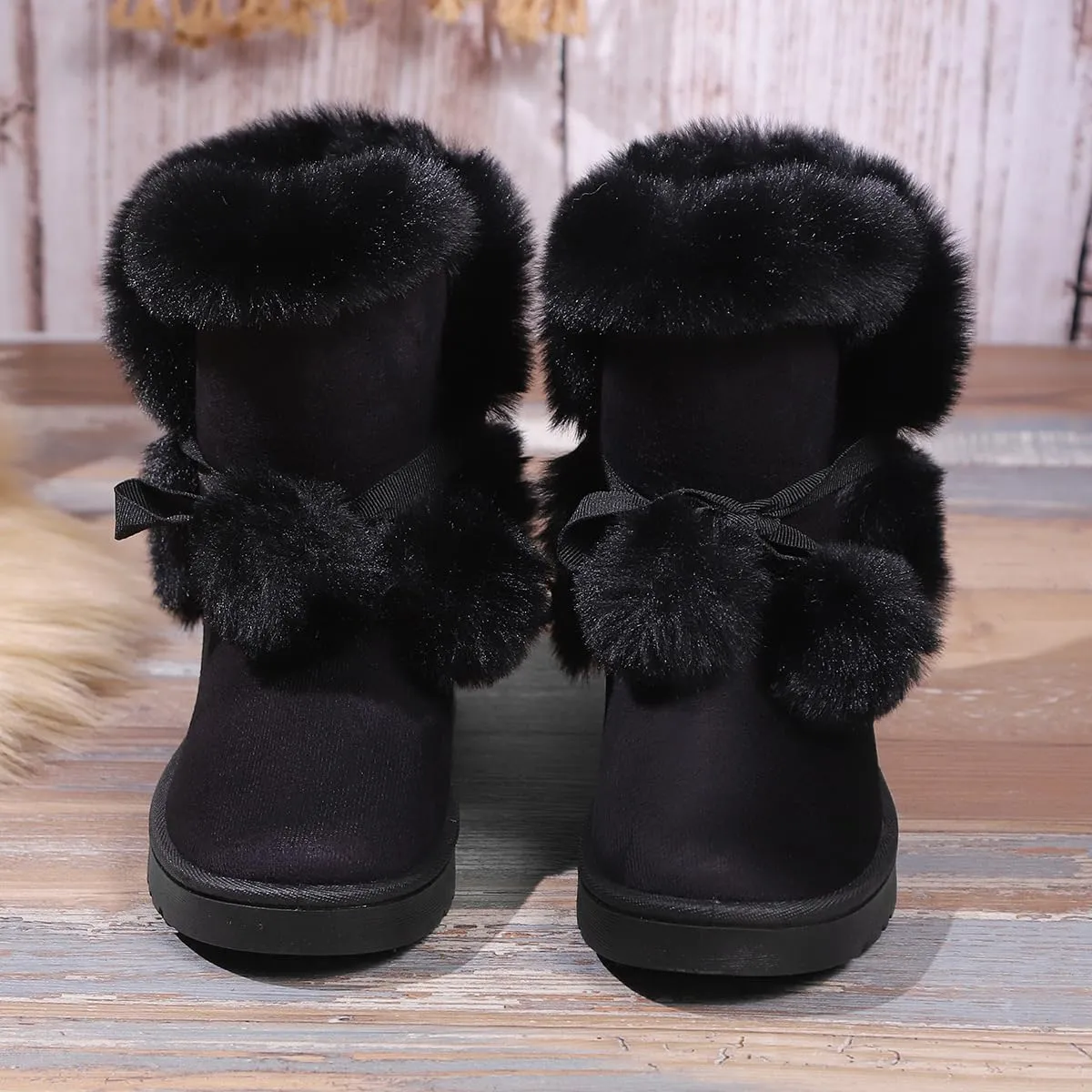 Women's Cute Pompon Lace Up Fur Winter Snow Boots Sweetheart Princess Fluffy Boots