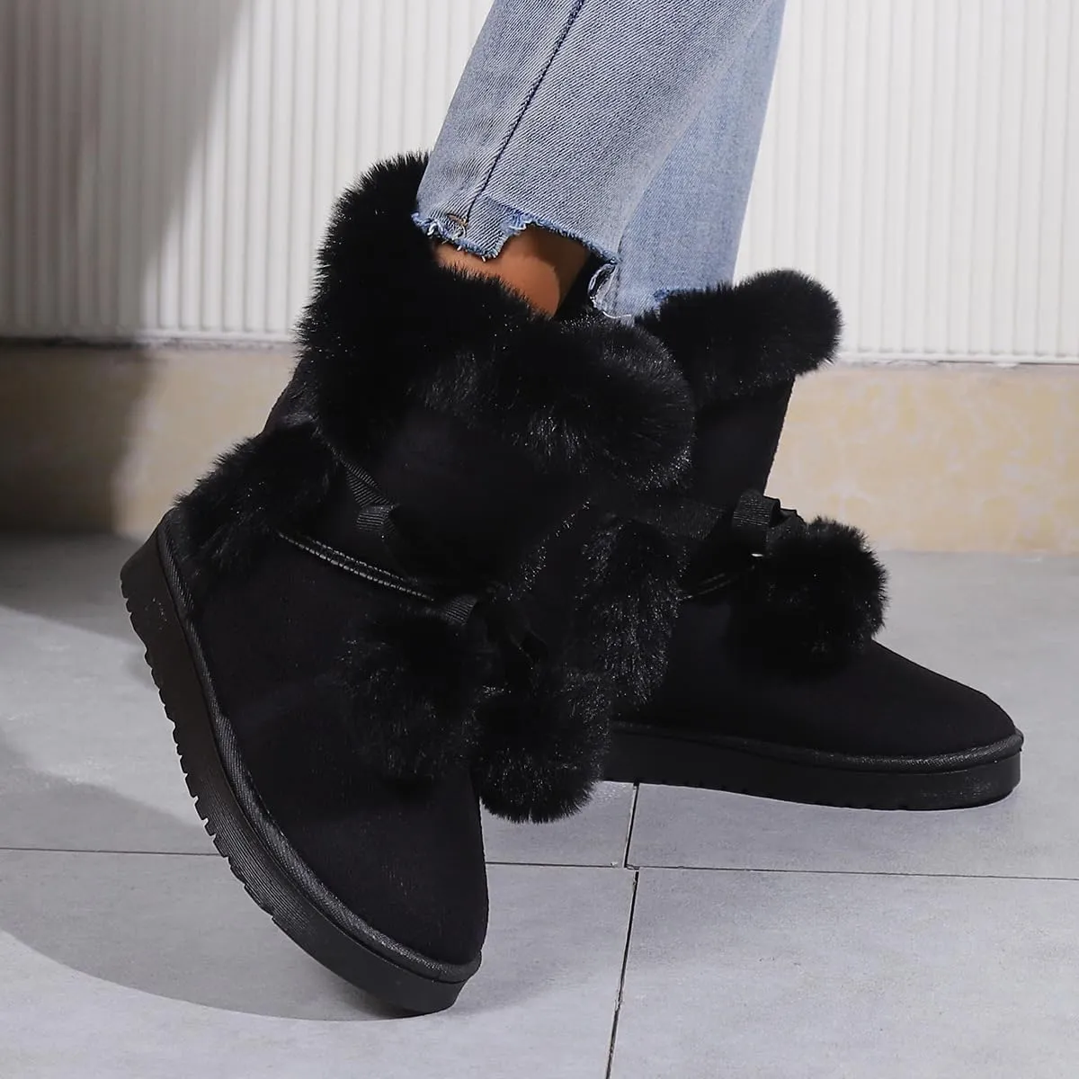 Women's Cute Pompon Lace Up Fur Winter Snow Boots Sweetheart Princess Fluffy Boots