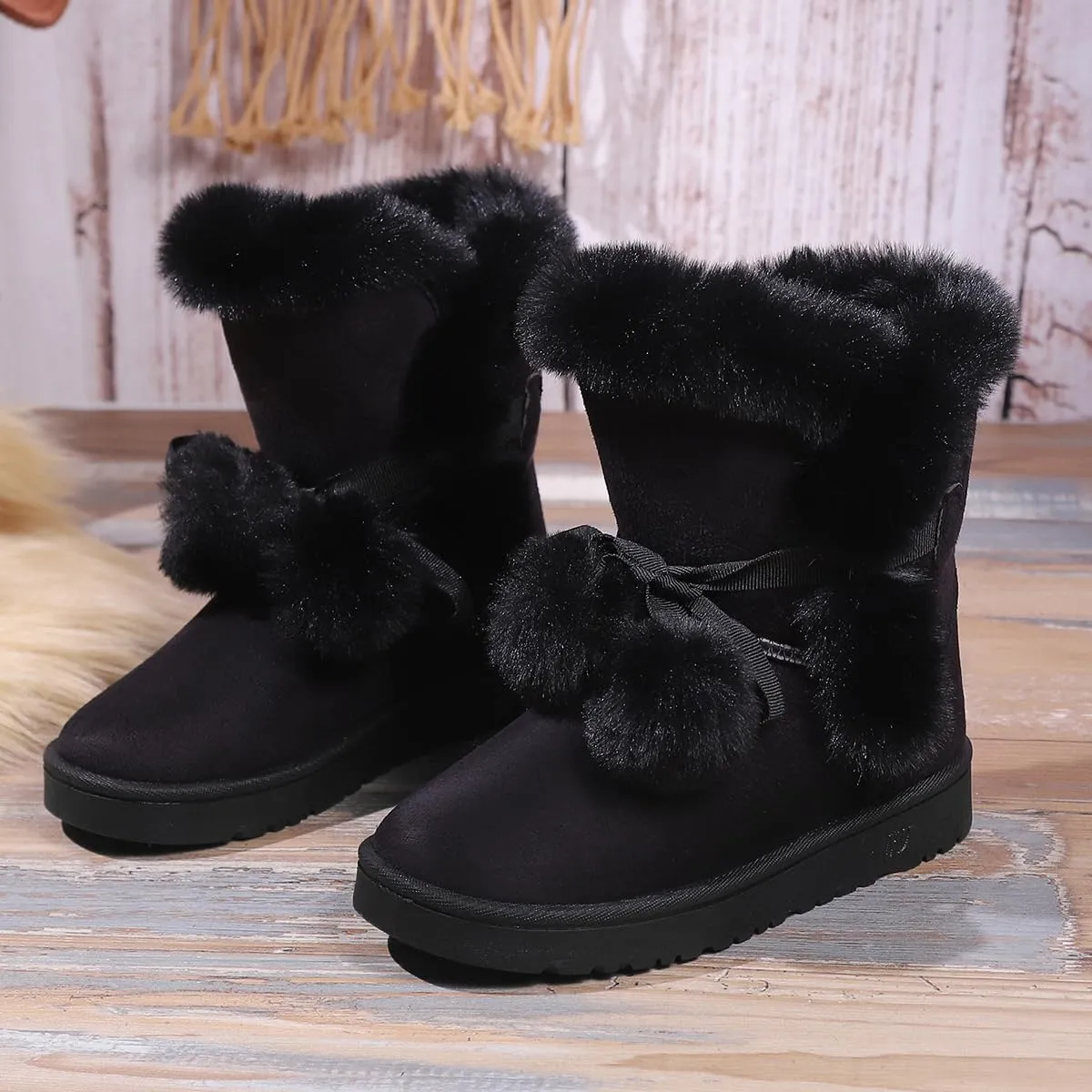 Women's Cute Pompon Lace Up Fur Winter Snow Boots Sweetheart Princess Fluffy Boots