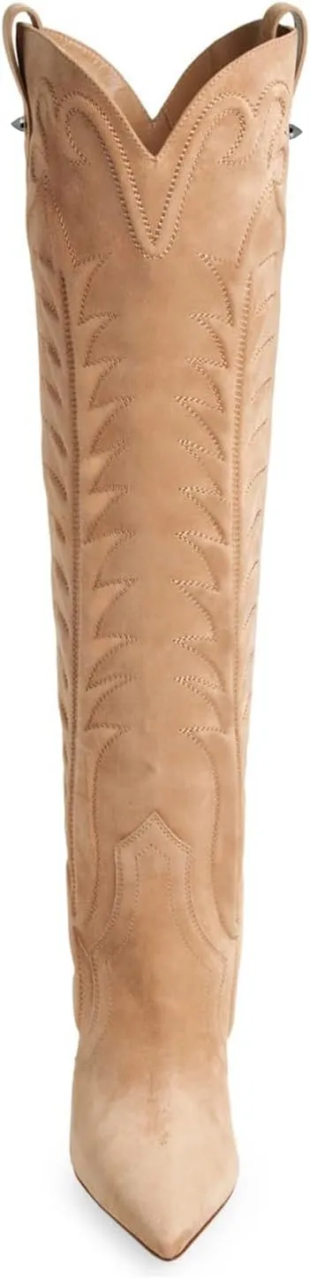 Women's Embroidered Knee High Boots Suede Block High Heel Western Cowboy Long Booties Pointed Toe Pull On Riding Boots for Women Ladies Fahion Dress Tall Boots