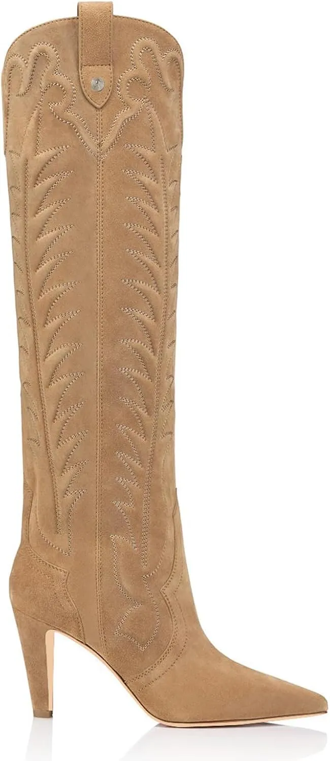 Women's Embroidered Knee High Boots Suede Block High Heel Western Cowboy Long Booties Pointed Toe Pull On Riding Boots for Women Ladies Fahion Dress Tall Boots