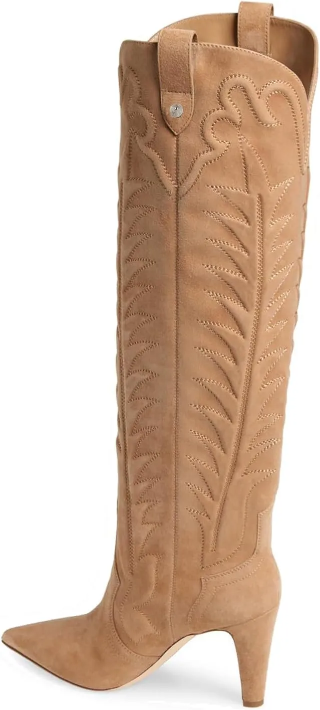 Women's Embroidered Knee High Boots Suede Block High Heel Western Cowboy Long Booties Pointed Toe Pull On Riding Boots for Women Ladies Fahion Dress Tall Boots