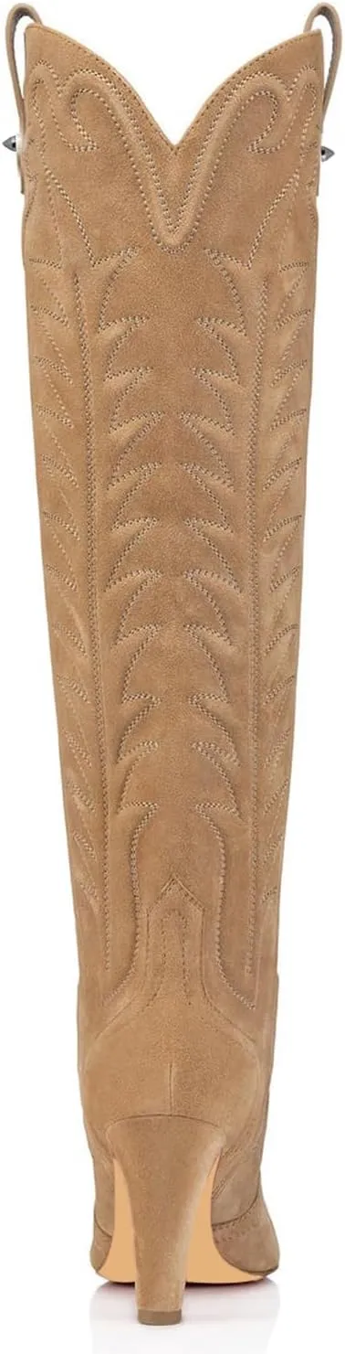 Women's Embroidered Knee High Boots Suede Block High Heel Western Cowboy Long Booties Pointed Toe Pull On Riding Boots for Women Ladies Fahion Dress Tall Boots