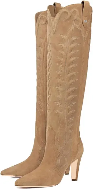 Women's Embroidered Knee High Boots Suede Block High Heel Western Cowboy Long Booties Pointed Toe Pull On Riding Boots for Women Ladies Fahion Dress Tall Boots