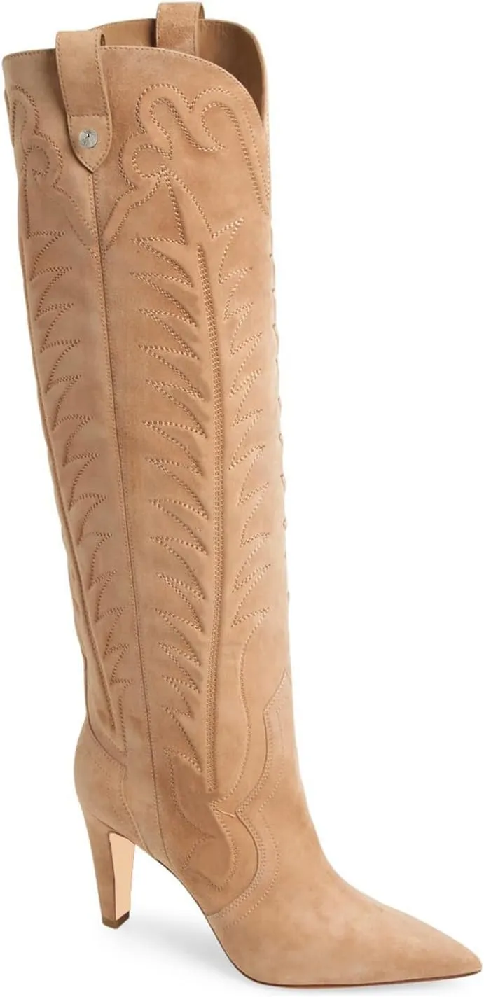 Women's Embroidered Knee High Boots Suede Block High Heel Western Cowboy Long Booties Pointed Toe Pull On Riding Boots for Women Ladies Fahion Dress Tall Boots