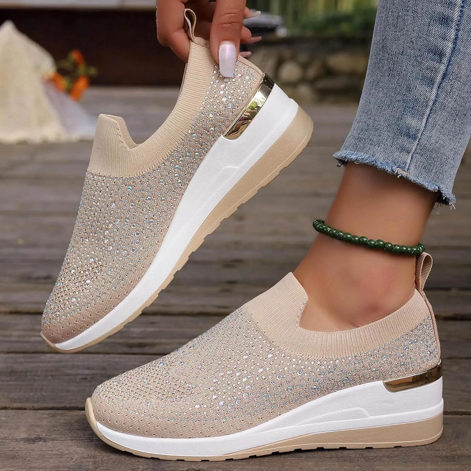 Women's Fashion Glitter Sneakers Platform Wedge Shoes Sparkly Rhinestone Mesh Slip-on Sneakers Breathable Spakle Shoes