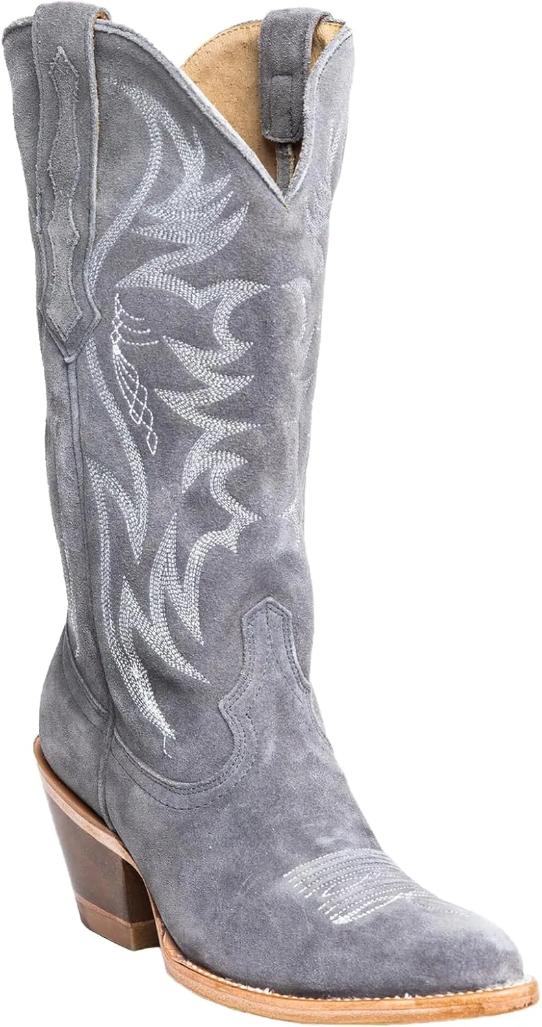 Womens Faux Suede Embroidered Cowboy Boots Pointed Toe Chunky Heel Cowboy Boots Pull On Womens Fashion Mid Calf Boots