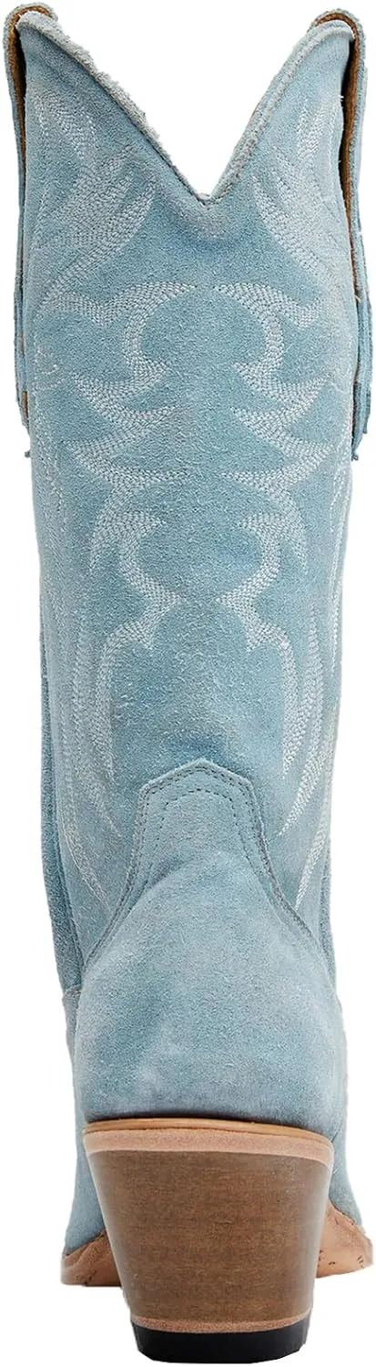 Womens Faux Suede Embroidered Cowboy Boots Pointed Toe Chunky Heel Cowboy Boots Pull On Womens Fashion Mid Calf Boots