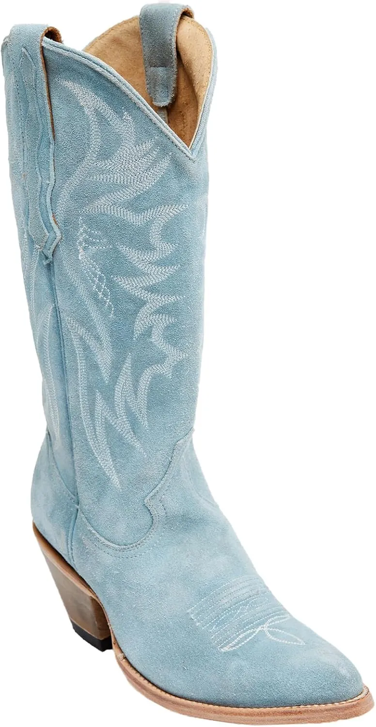 Womens Faux Suede Embroidered Cowboy Boots Pointed Toe Chunky Heel Cowboy Boots Pull On Womens Fashion Mid Calf Boots