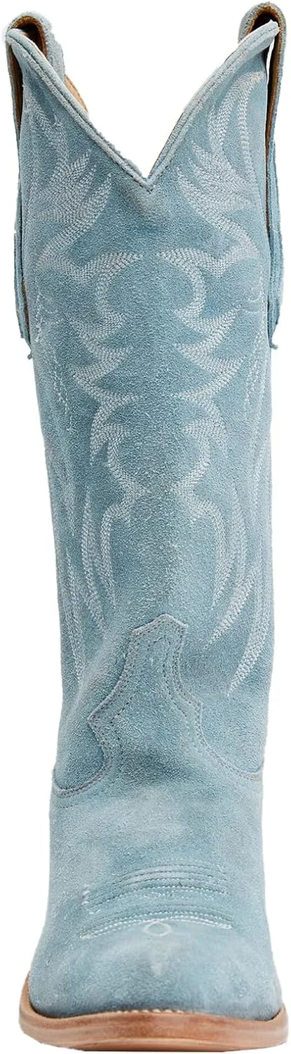 Womens Faux Suede Embroidered Cowboy Boots Pointed Toe Chunky Heel Cowboy Boots Pull On Womens Fashion Mid Calf Boots