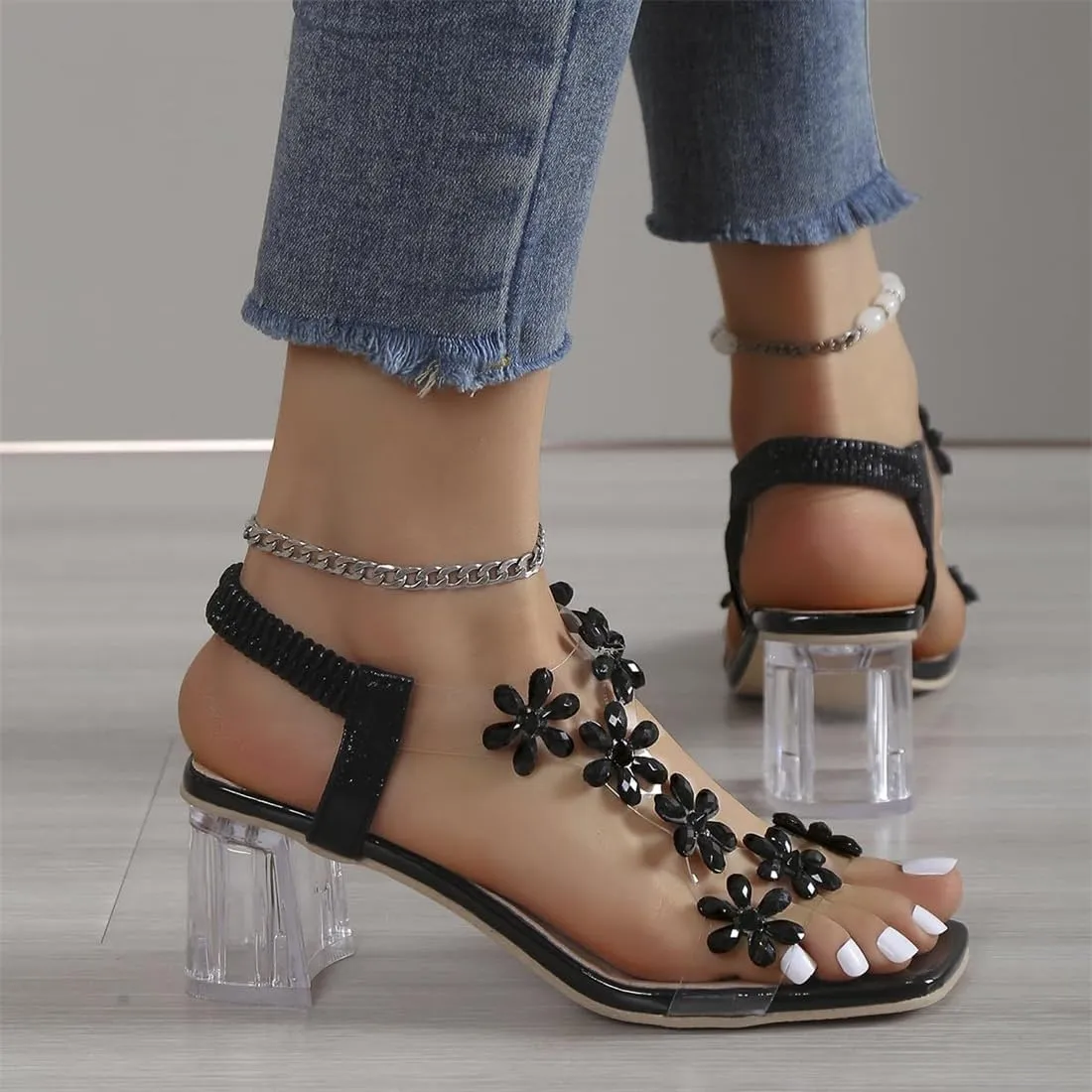 Women's Flower Rhinestone Block Heel Sandals, Rhinestone Sandals for Women, Clear Block Heels, Party Wedding Low Sandals