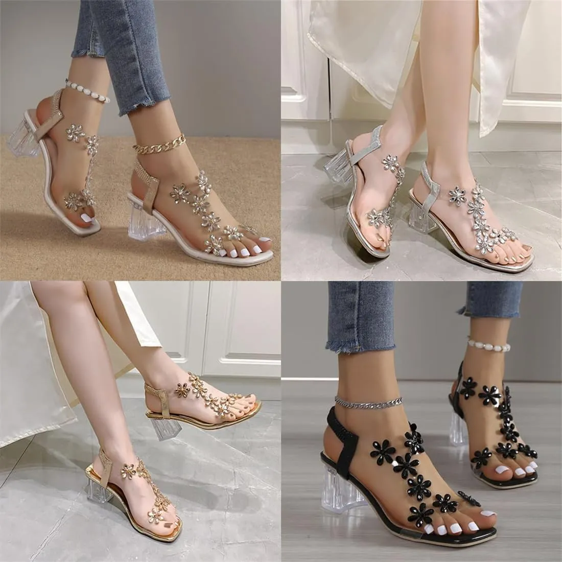Women's Flower Rhinestone Block Heel Sandals, Rhinestone Sandals for Women, Clear Block Heels, Party Wedding Low Sandals
